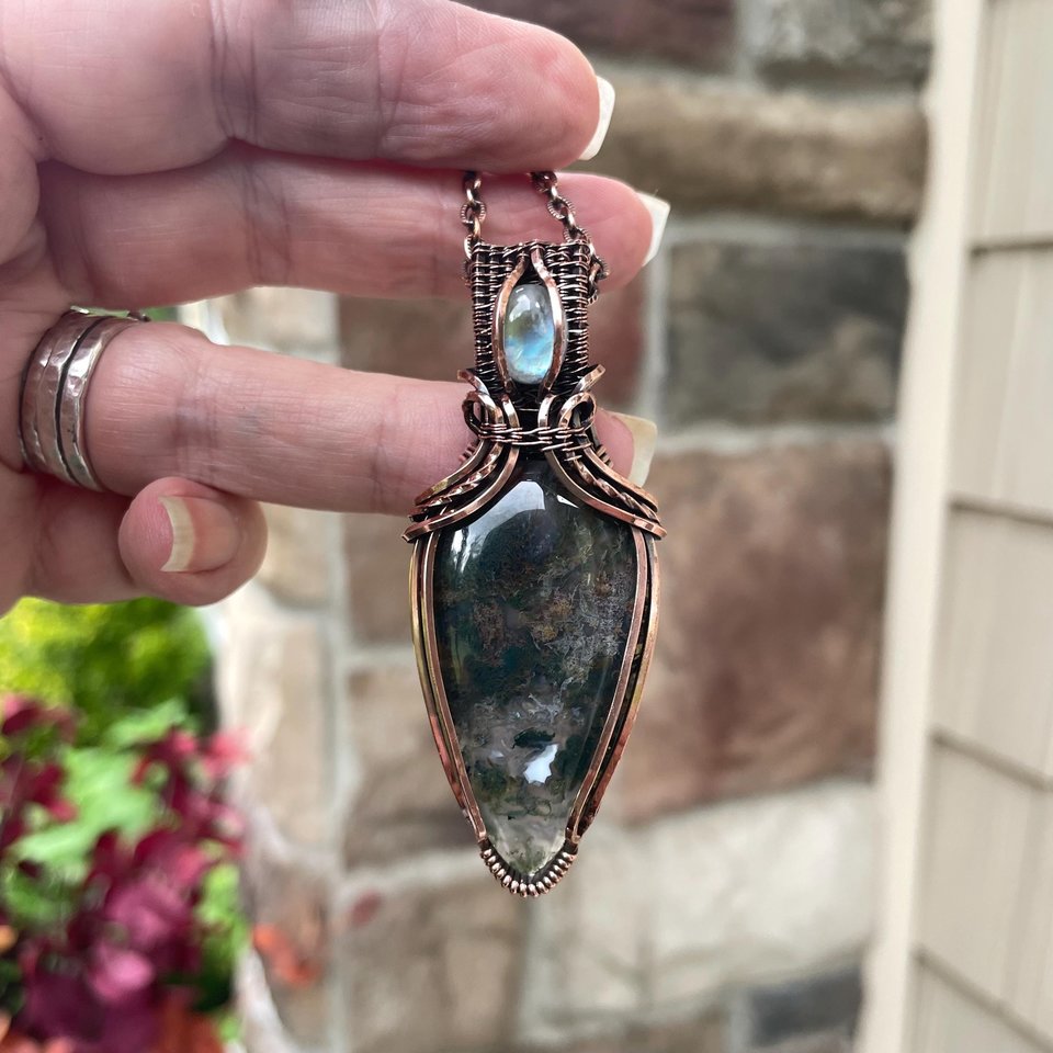 Moss Agate & Moonstone Copper Pendant with Weaving