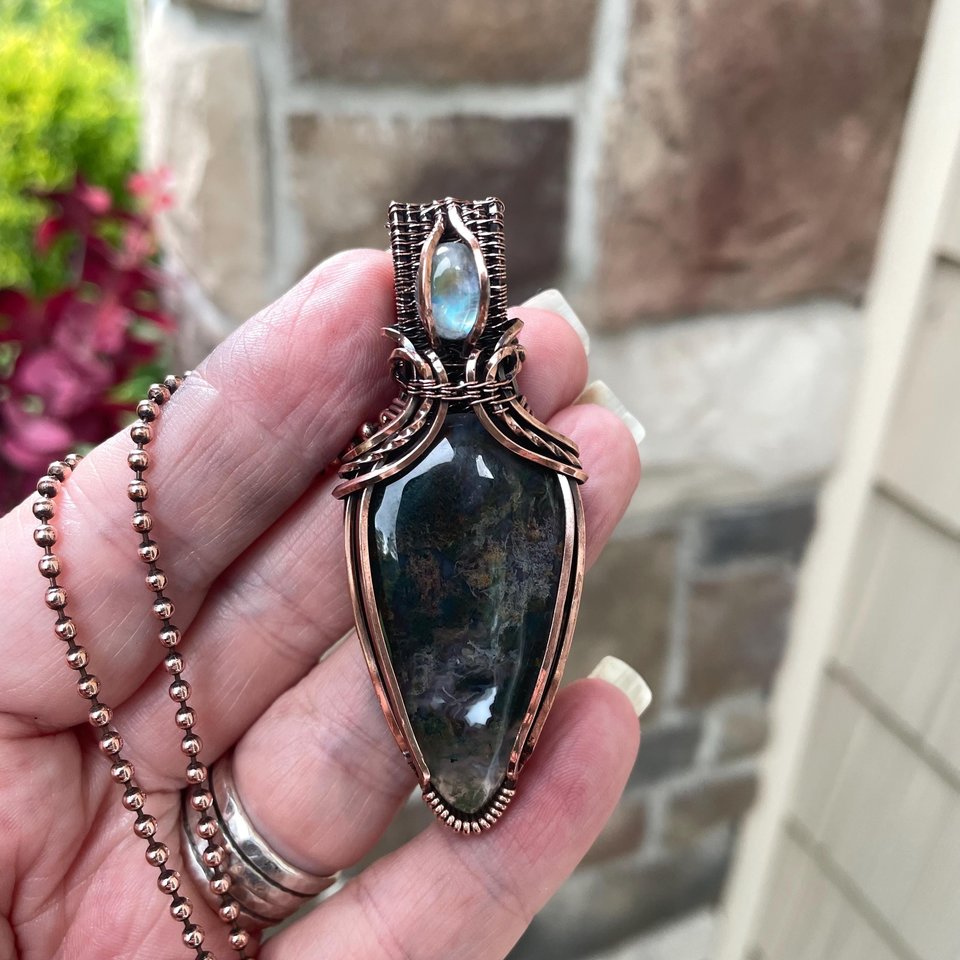 Moss Agate & Moonstone Copper Pendant with Weaving