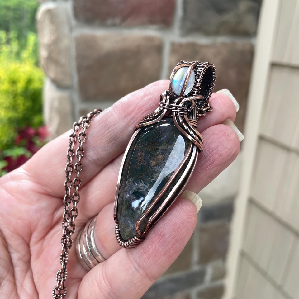 Moss Agate & Moonstone Copper Pendant with Weaving