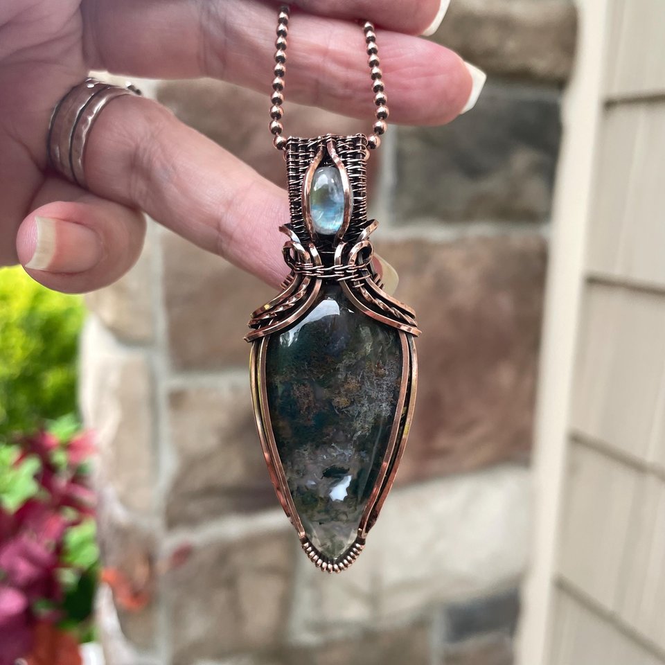Moss Agate & Moonstone Copper Pendant with Weaving
