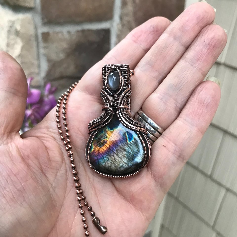 Silver Black Labradorite & Gray Moonstone Copper Necklace with Weaving