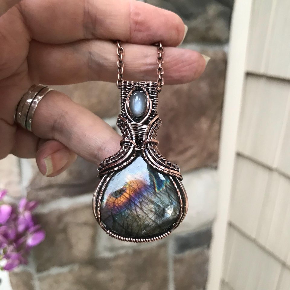 Silver Black Labradorite & Gray Moonstone Copper Necklace with Weaving