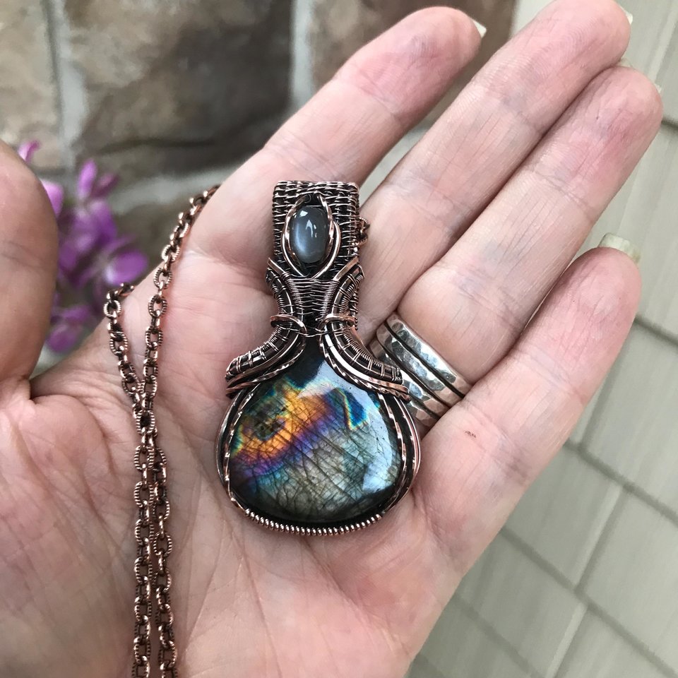 Silver Black Labradorite & Gray Moonstone Copper Necklace with Weaving
