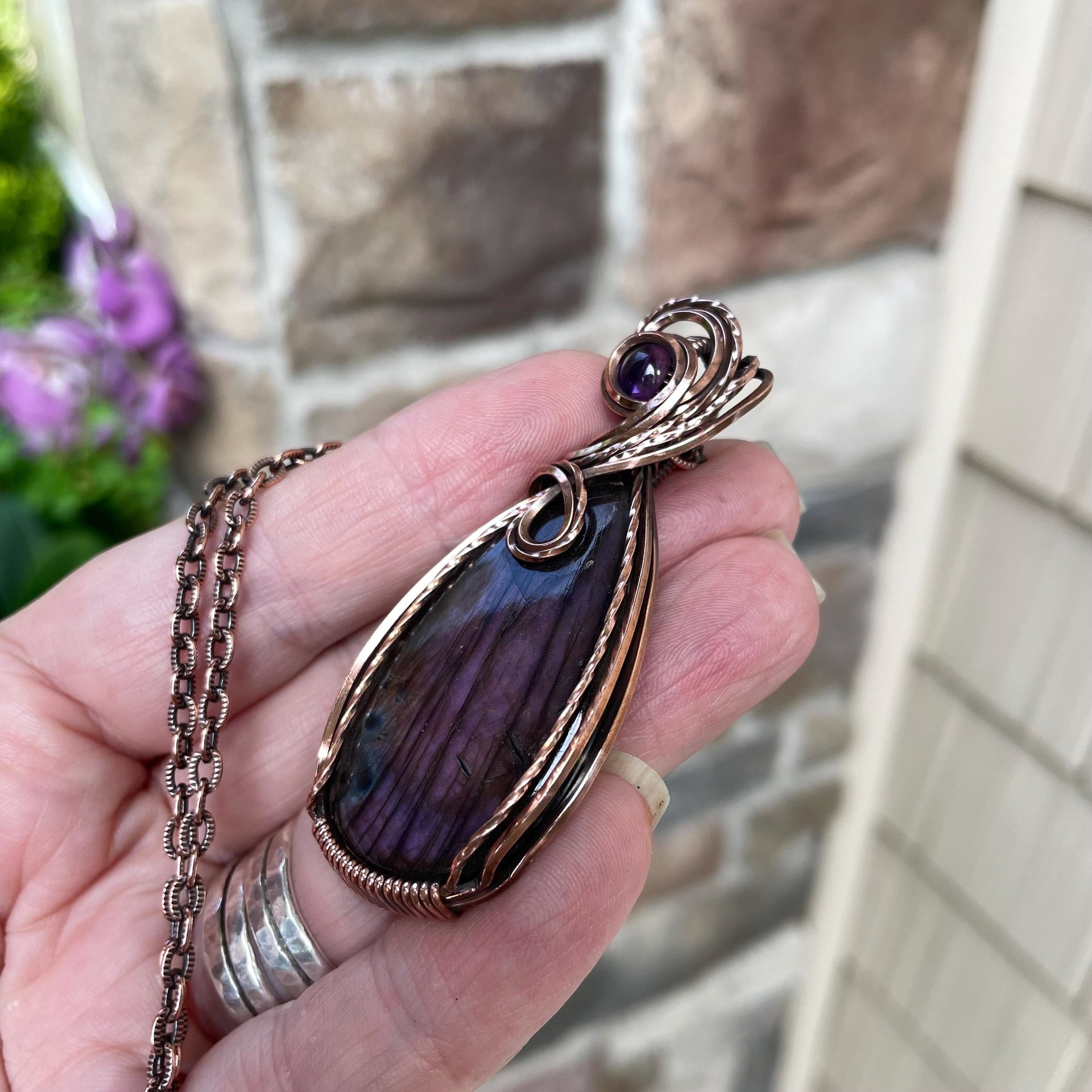 Purple Labradorite & Amethyst Copper Pendant