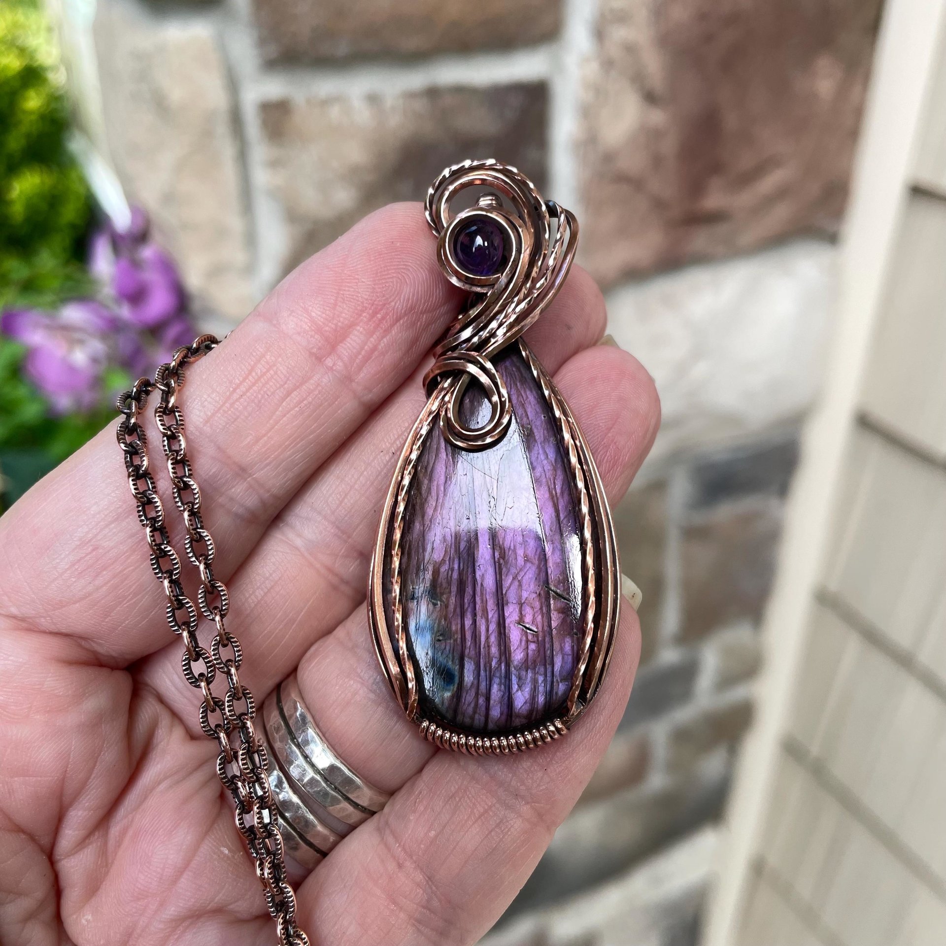 Purple Labradorite & Amethyst Copper Pendant