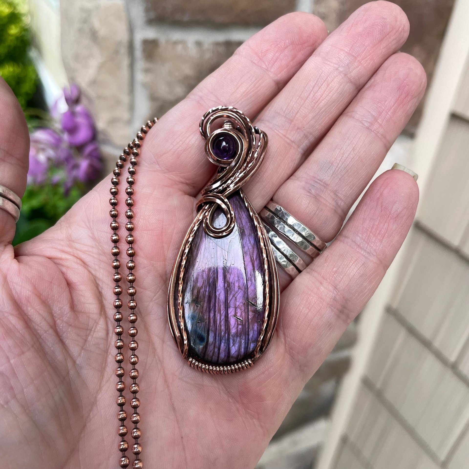 Purple Labradorite & Amethyst Copper Pendant