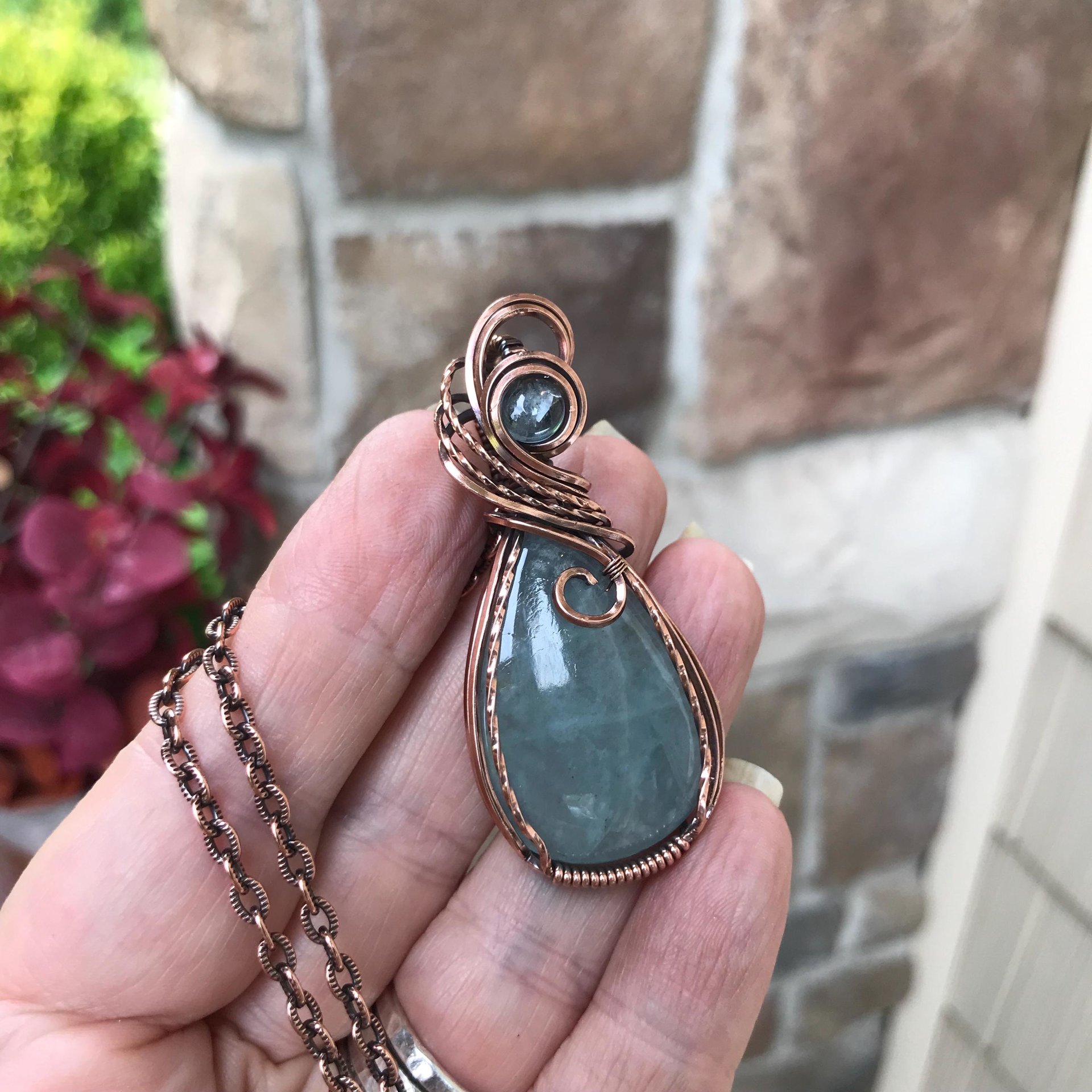 Aquamarine Swirly Copper Pendant