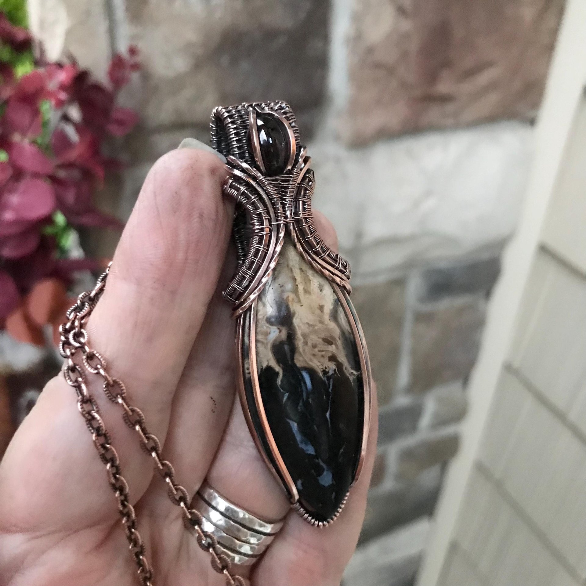 Petrified Palm Root & Garnet Copper Necklace with Weaving