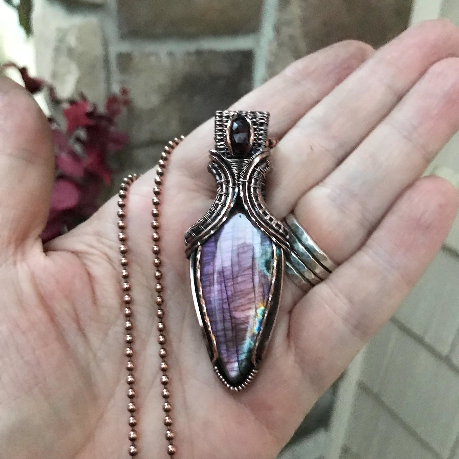Purple Labradorite & Moonstone Copper Pendant with Weaving