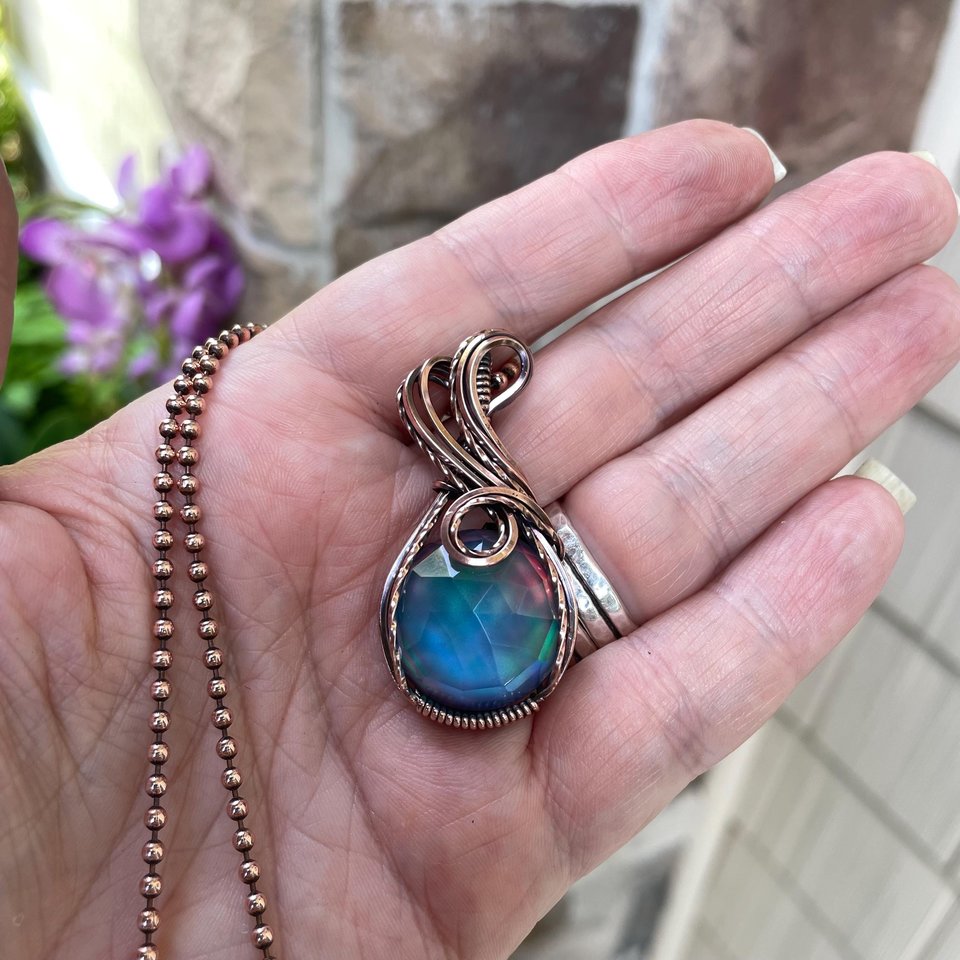 Aurora Opal Blue Green Copper Pendant