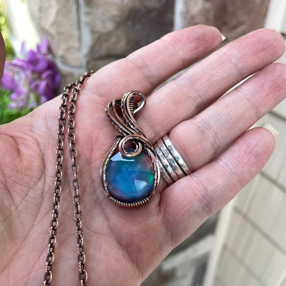 Aurora Opal Blue Green Copper Pendant