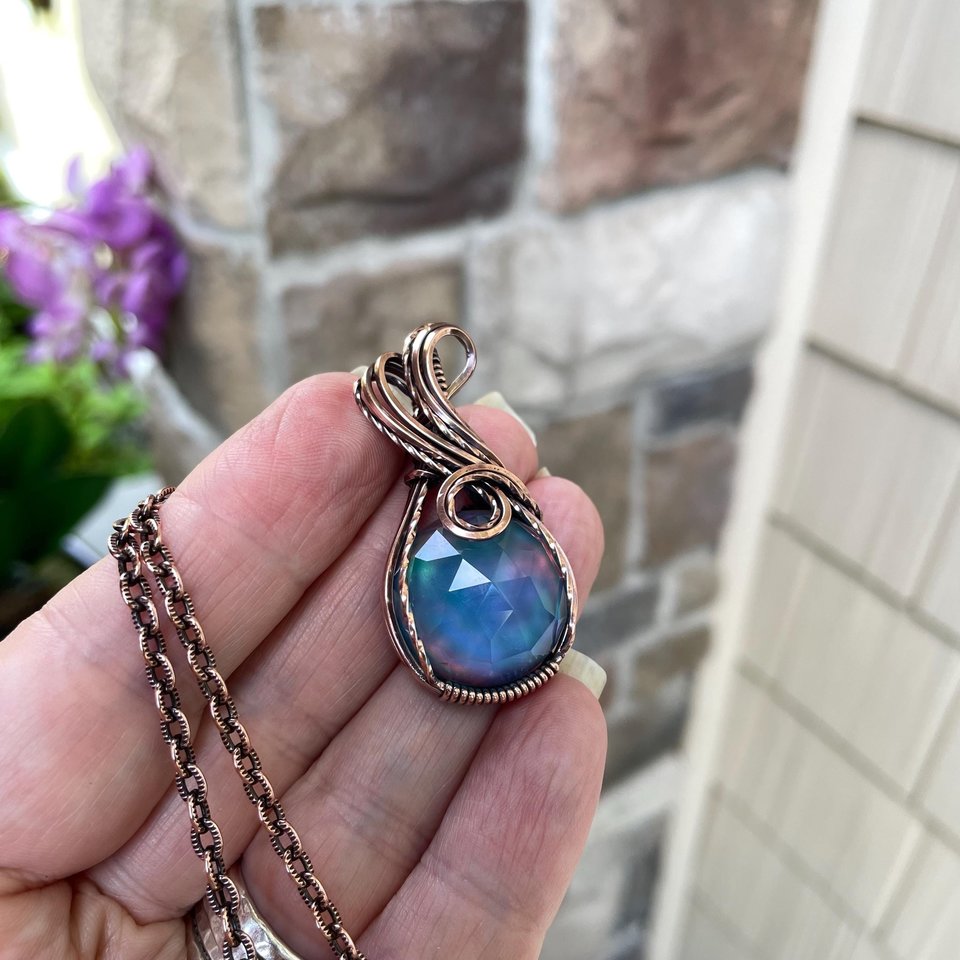 Aurora Opal Blue Green Copper Pendant
