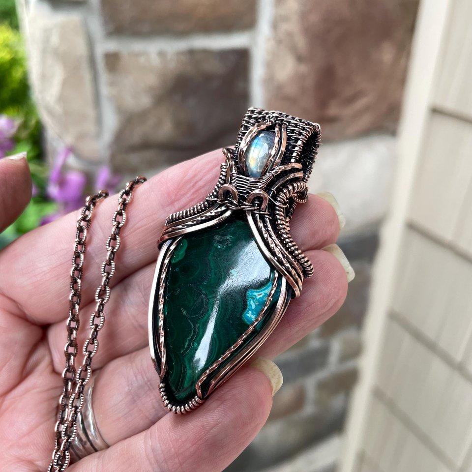 Malachite Chrysocolla & Moonstone Copper Pendant with Weaving
