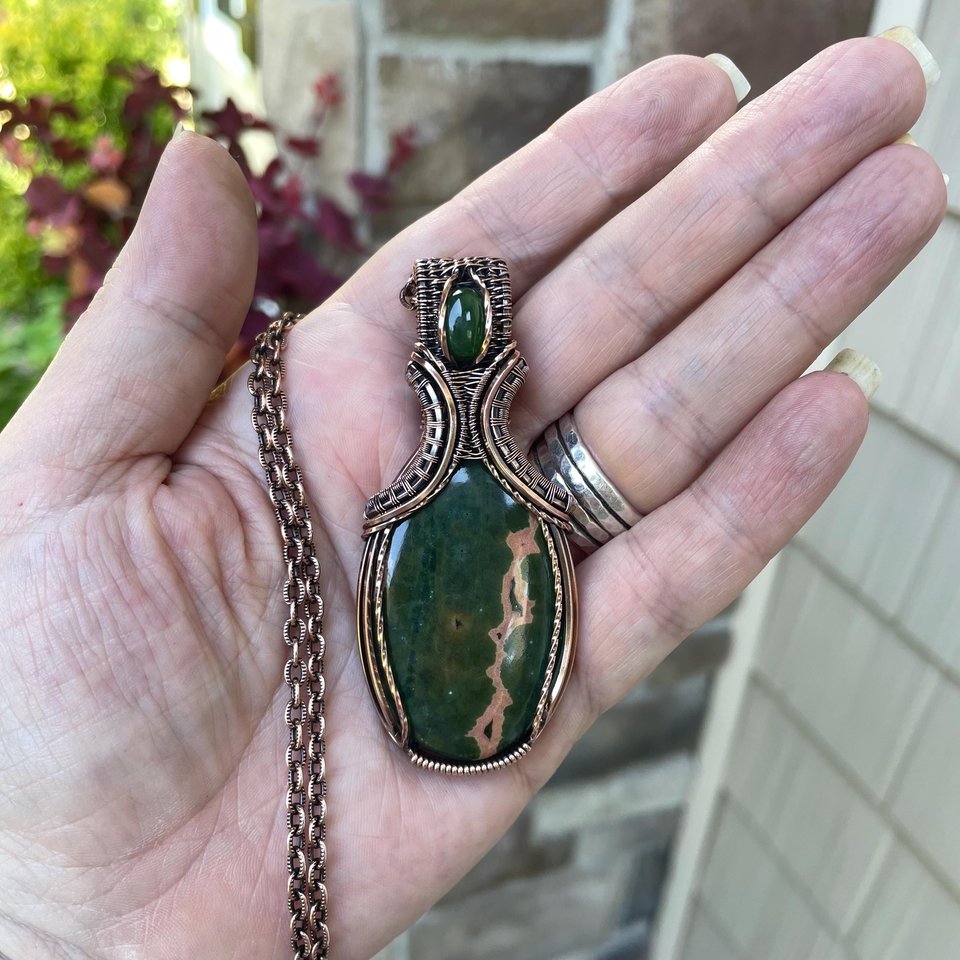 Ocean Jasper & Jade Copper Pendant with Weaving