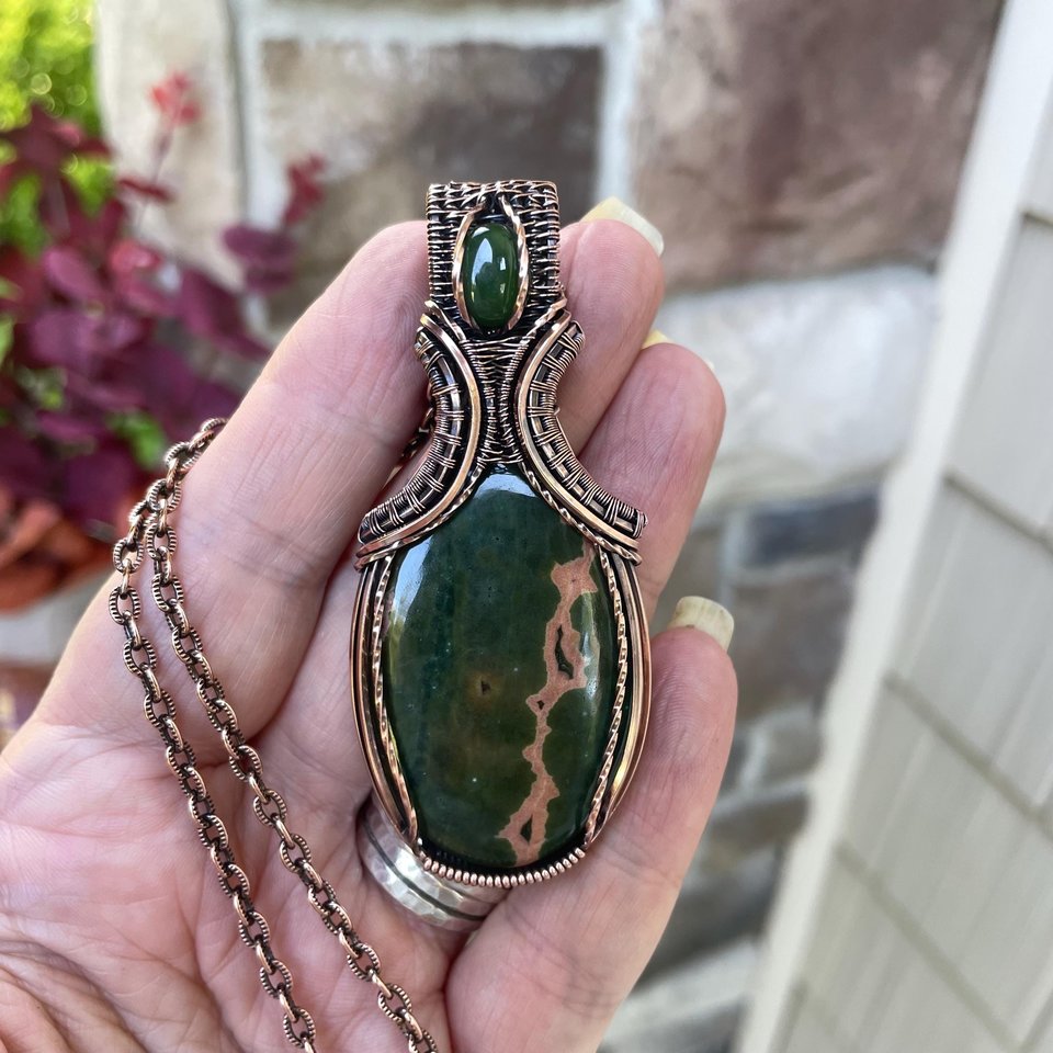 Ocean Jasper & Jade Copper Pendant with Weaving