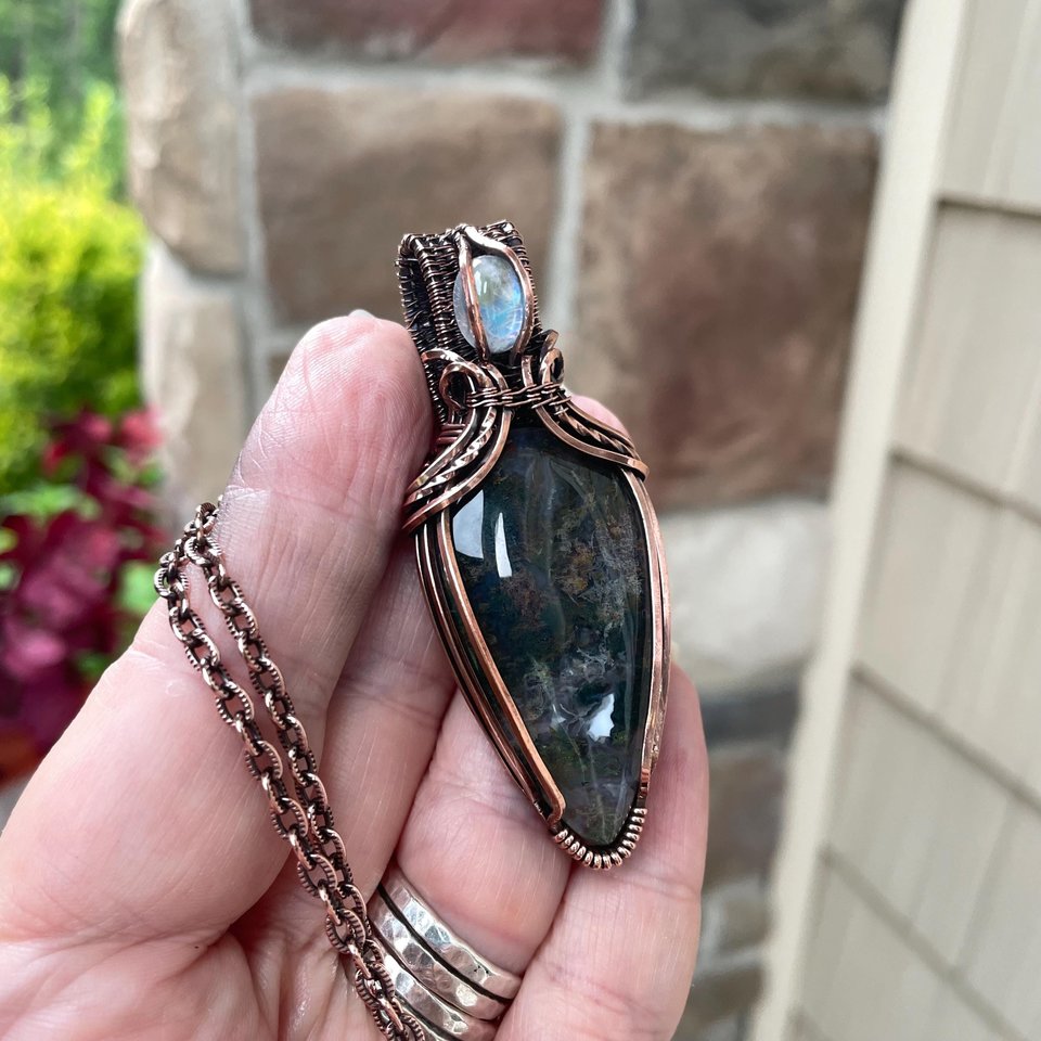 Moss Agate & Moonstone Copper Pendant with Weaving