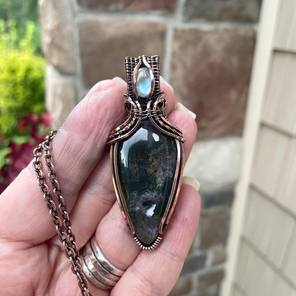 Moss Agate & Moonstone Copper Pendant with Weaving