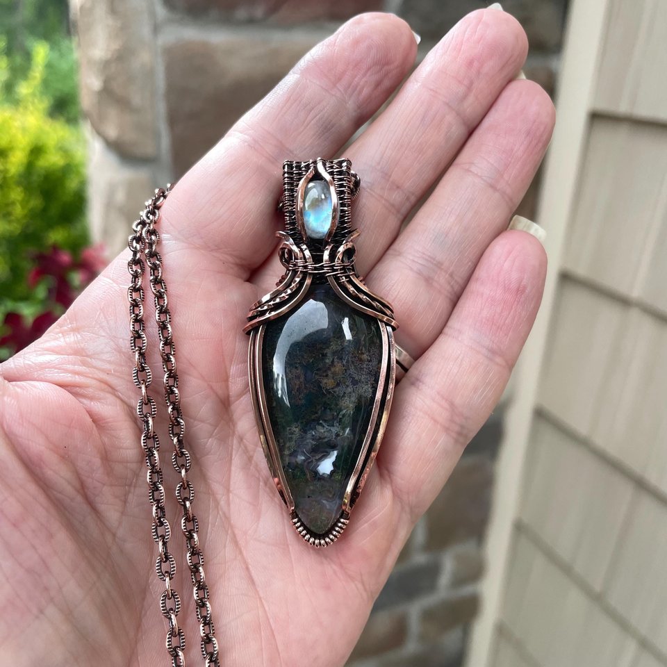 Moss Agate & Moonstone Copper Pendant with Weaving