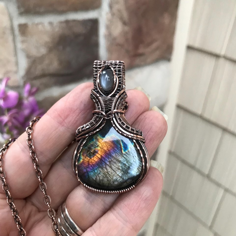Silver Black Labradorite & Gray Moonstone Copper Necklace with Weaving
