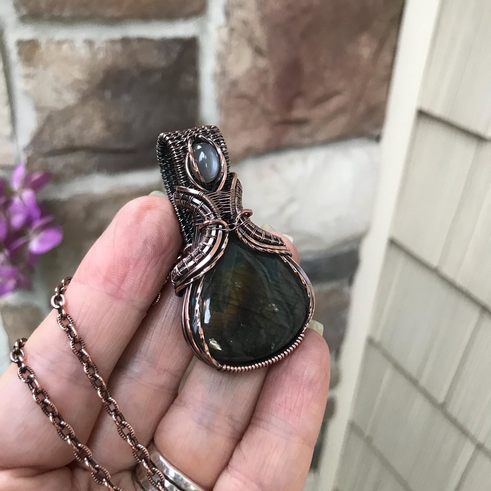 Silver Black Labradorite & Gray Moonstone Copper Necklace with Weaving