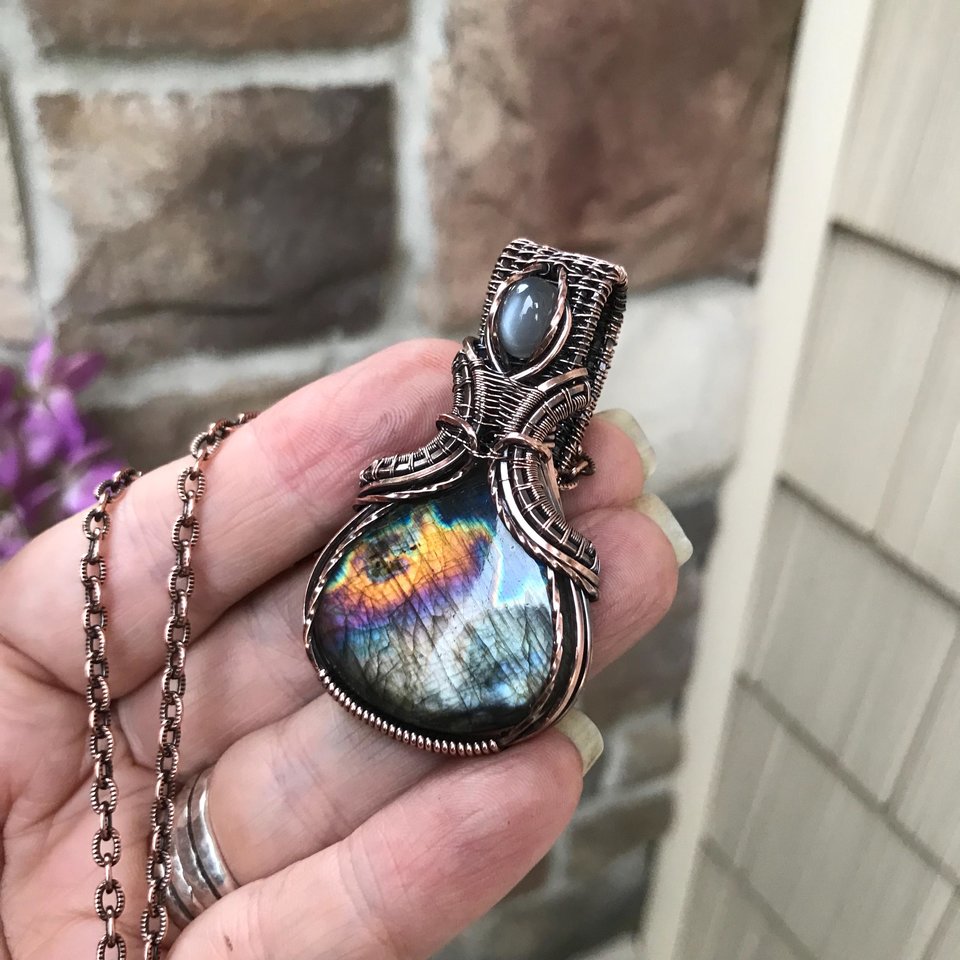 Silver Black Labradorite & Gray Moonstone Copper Necklace with Weaving