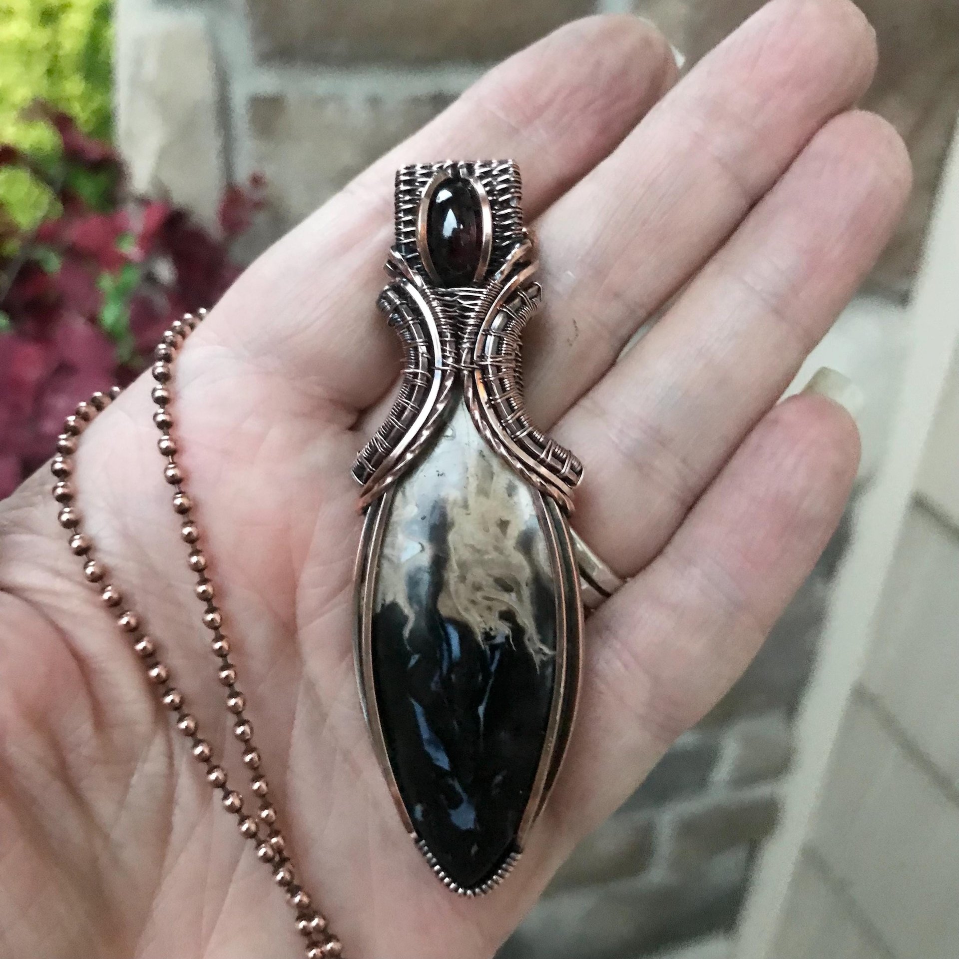 Petrified Palm Root & Garnet Copper Necklace with Weaving