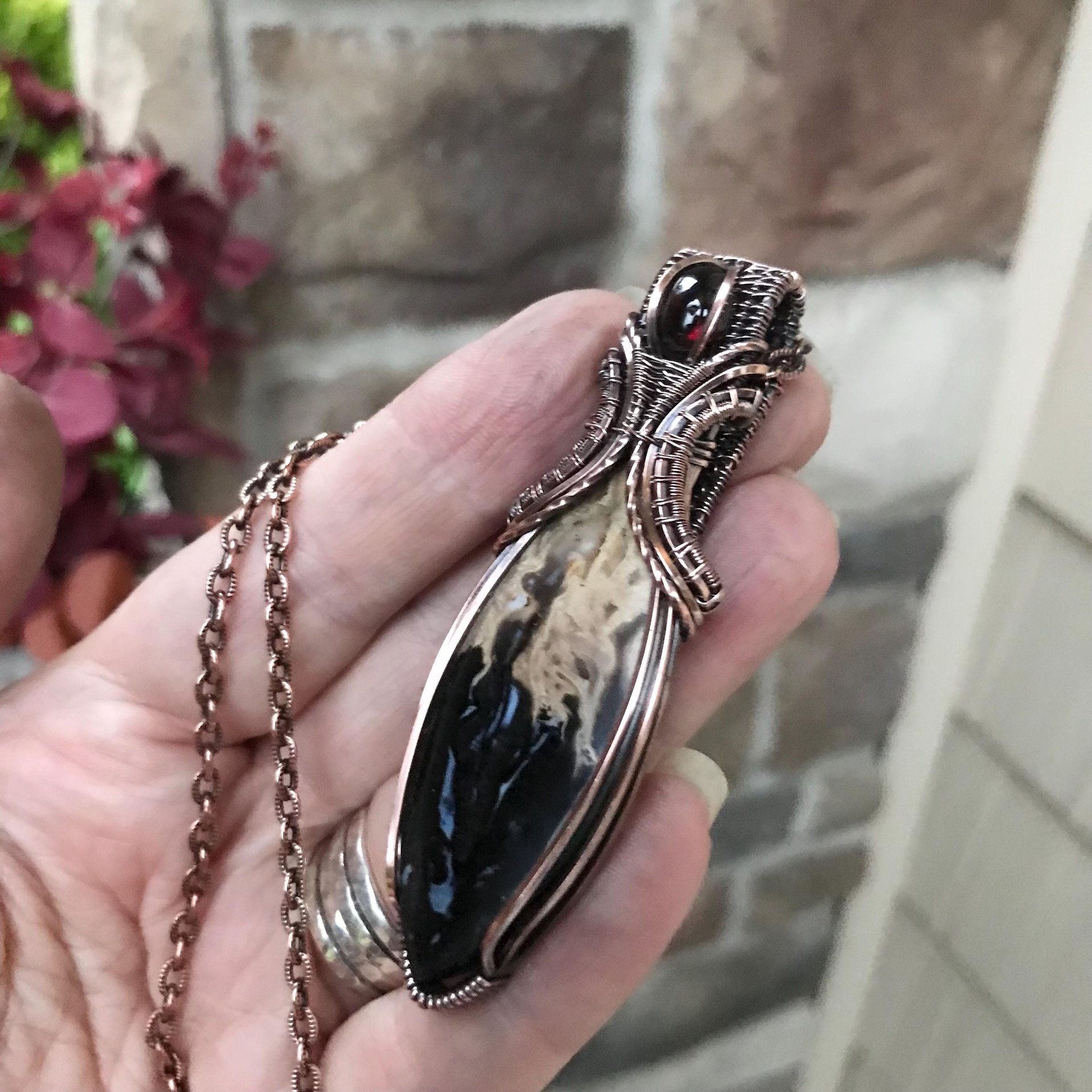 Petrified Palm Root & Garnet Copper Necklace with Weaving