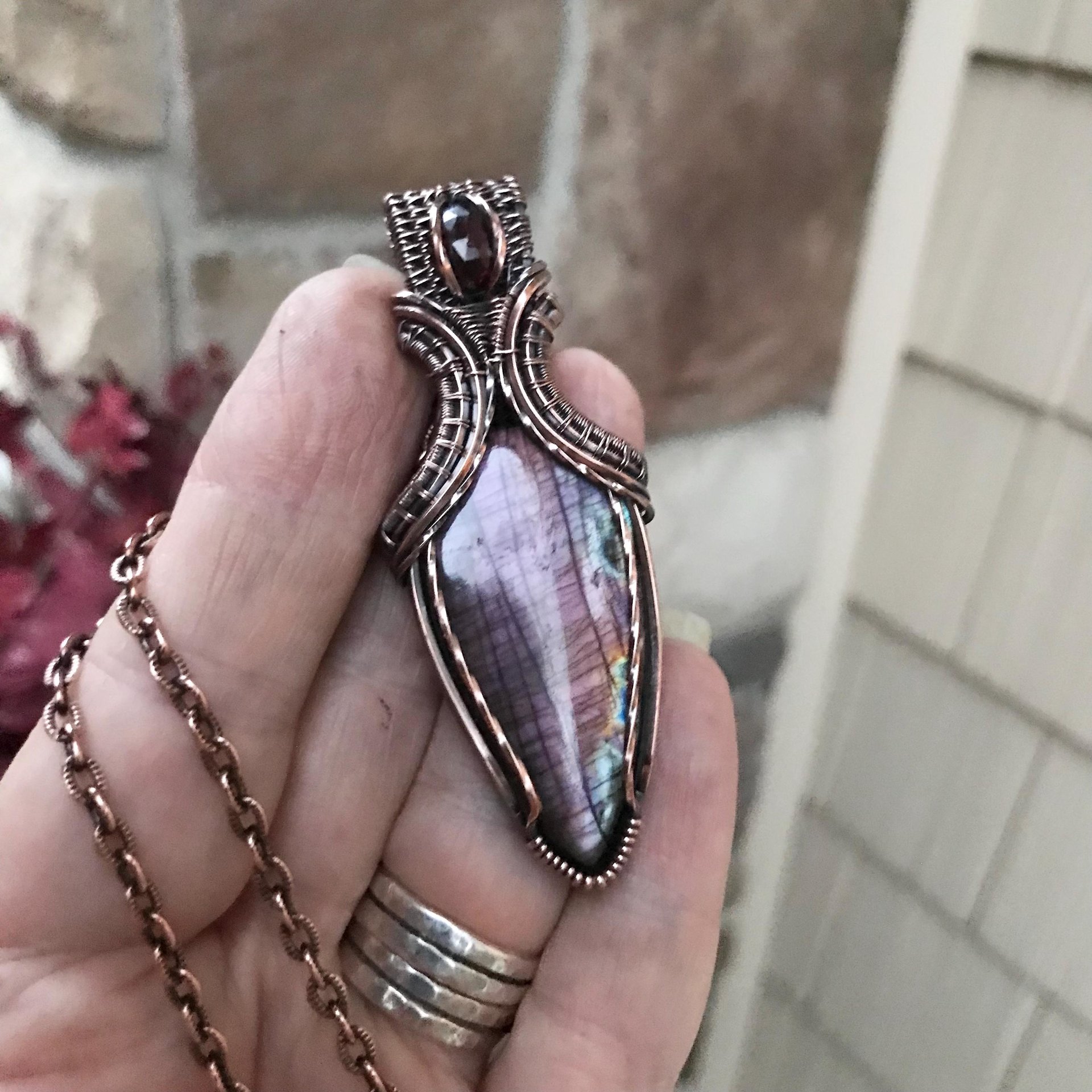 Purple Labradorite & Moonstone Copper Pendant with Weaving