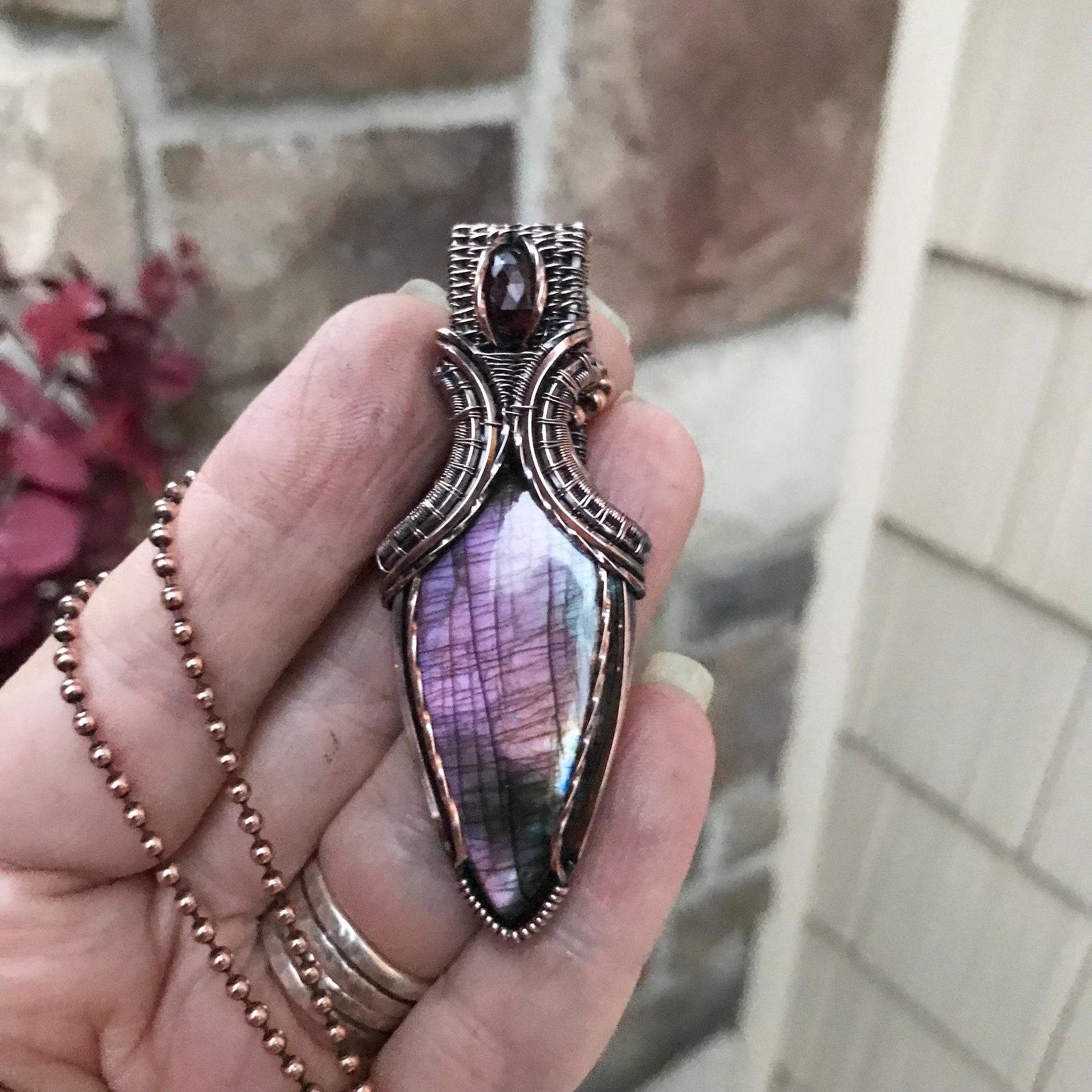 Purple Labradorite & Moonstone Copper Pendant with Weaving