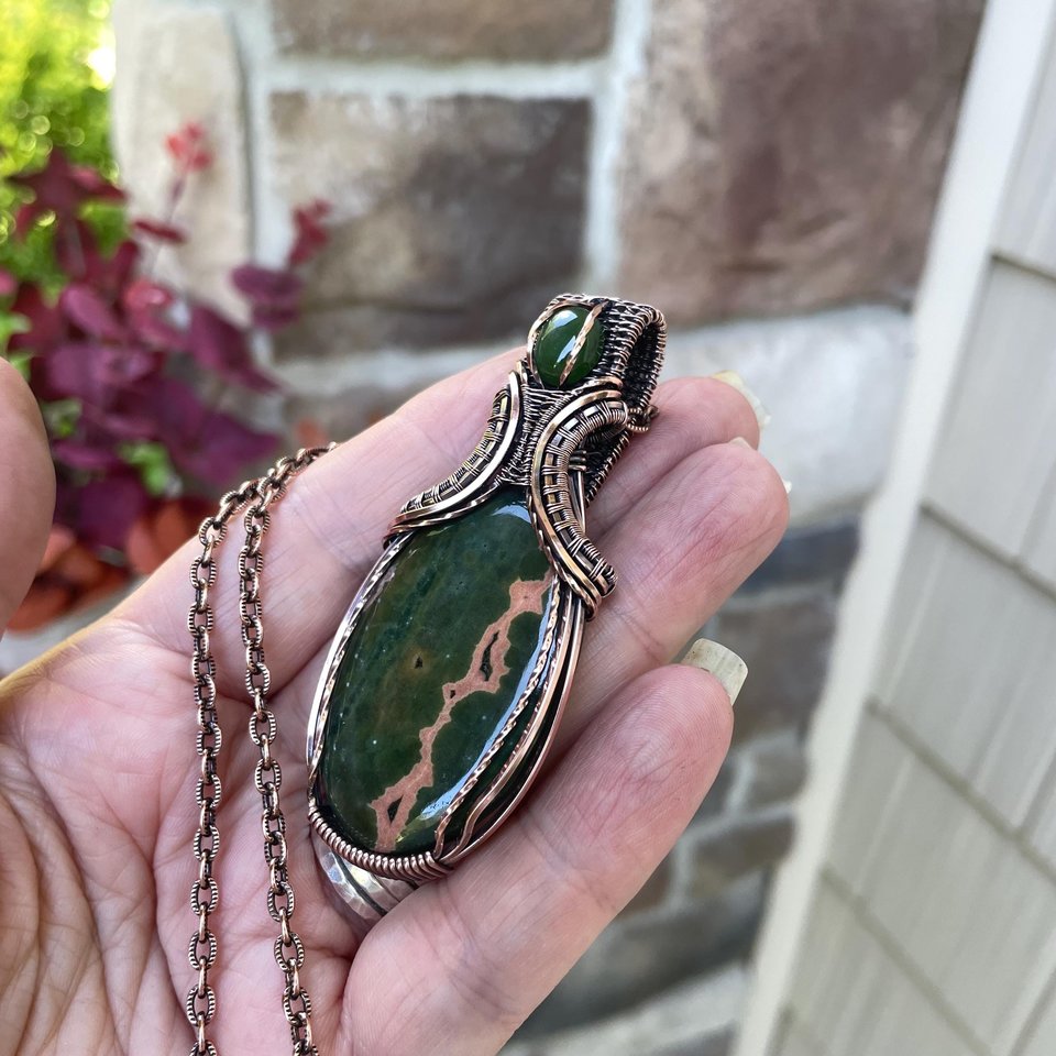 Ocean Jasper & Jade Copper Pendant with Weaving