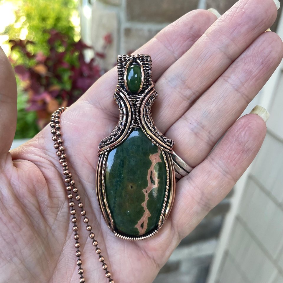 Ocean Jasper & Jade Copper Pendant with Weaving