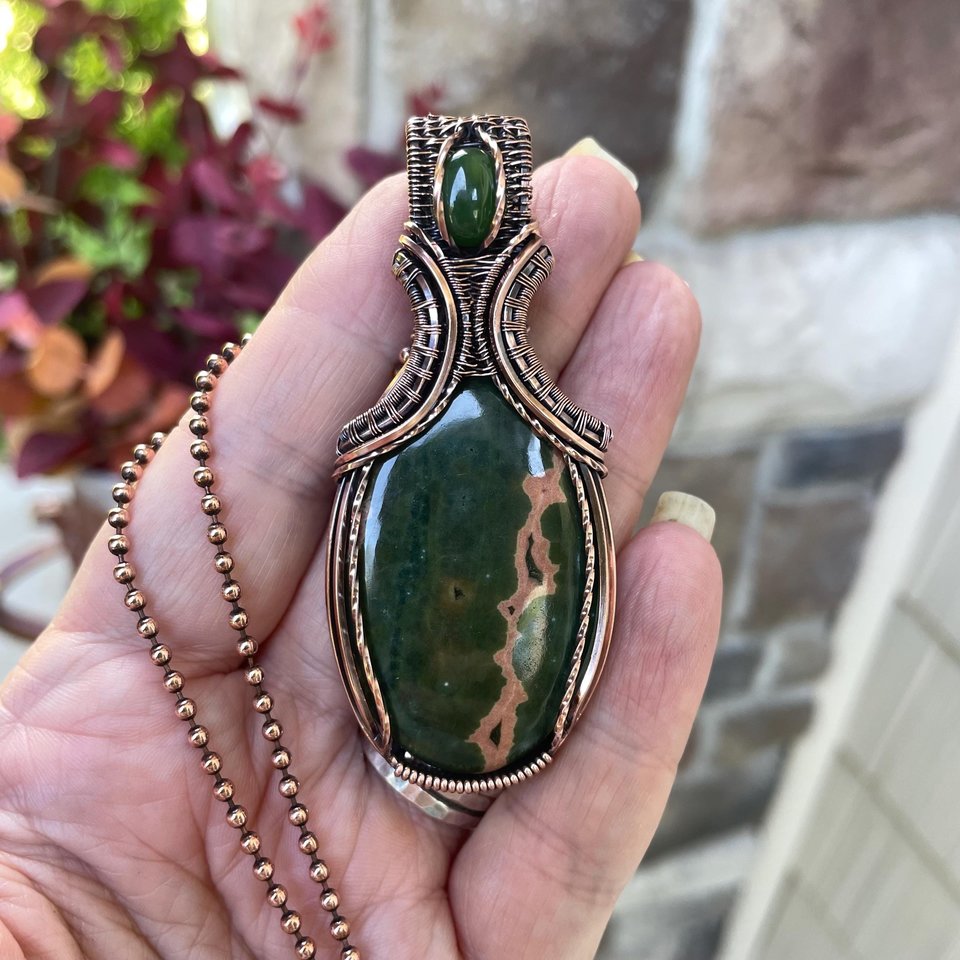 Ocean Jasper & Jade Copper Pendant with Weaving