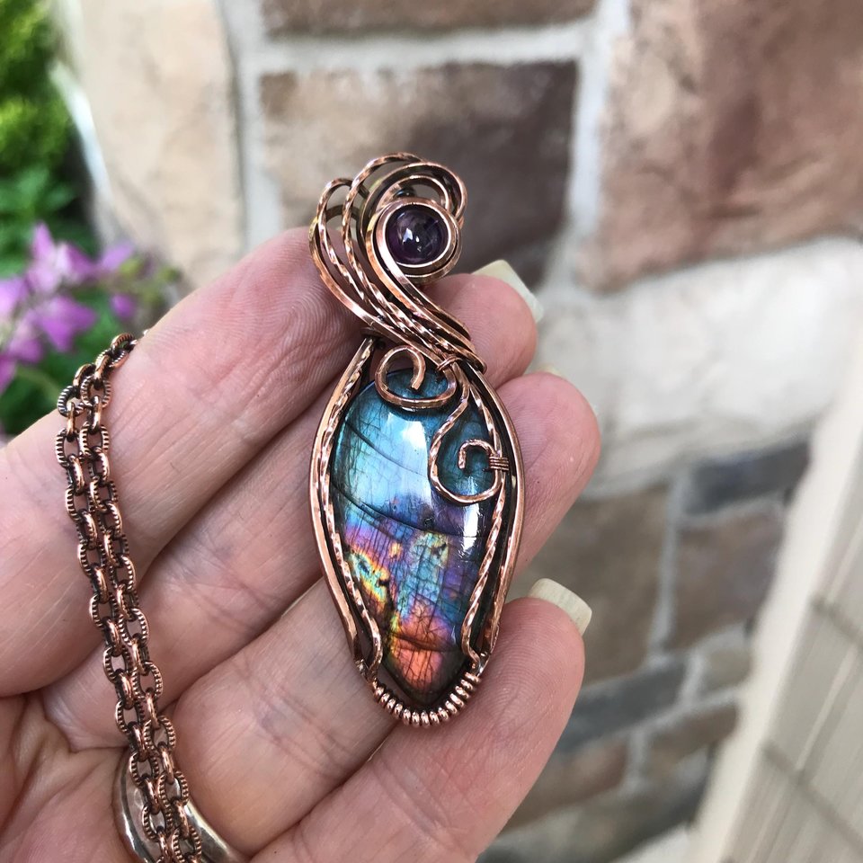 Teal Labradorite & Amethyst Copper Necklace