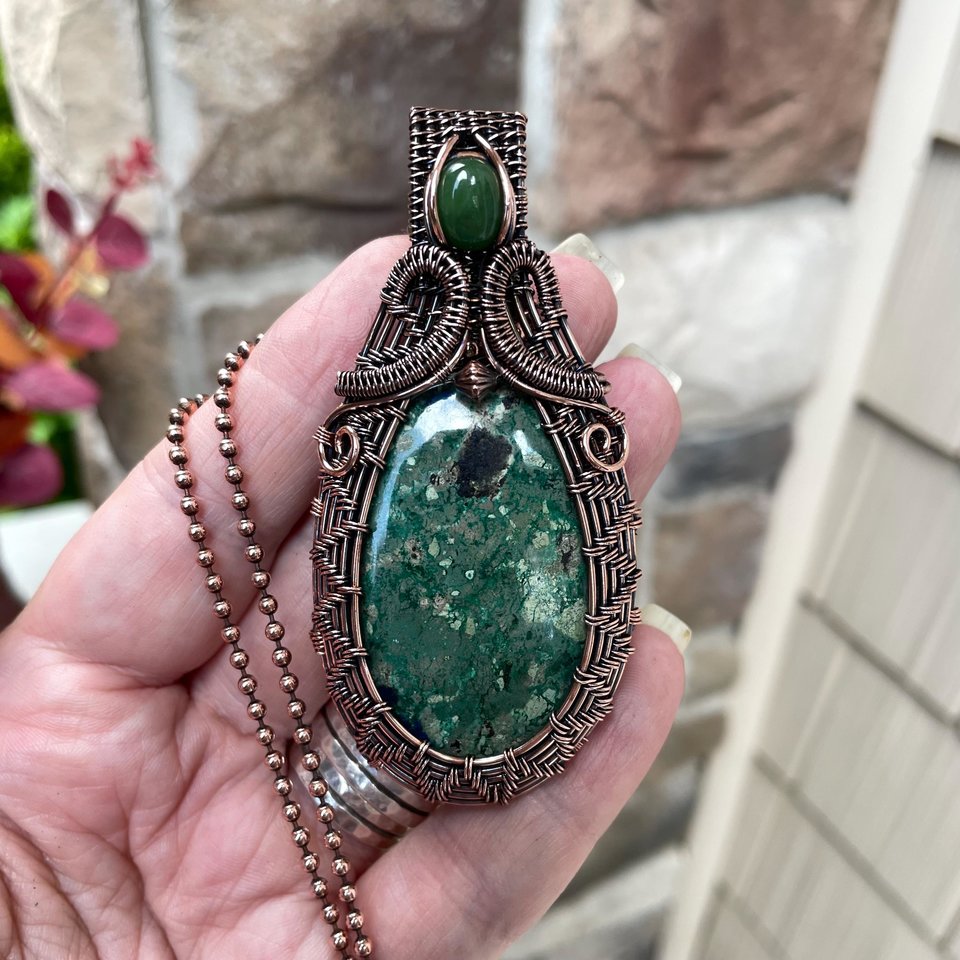 Azurite & Jade Woven Copper Pendant