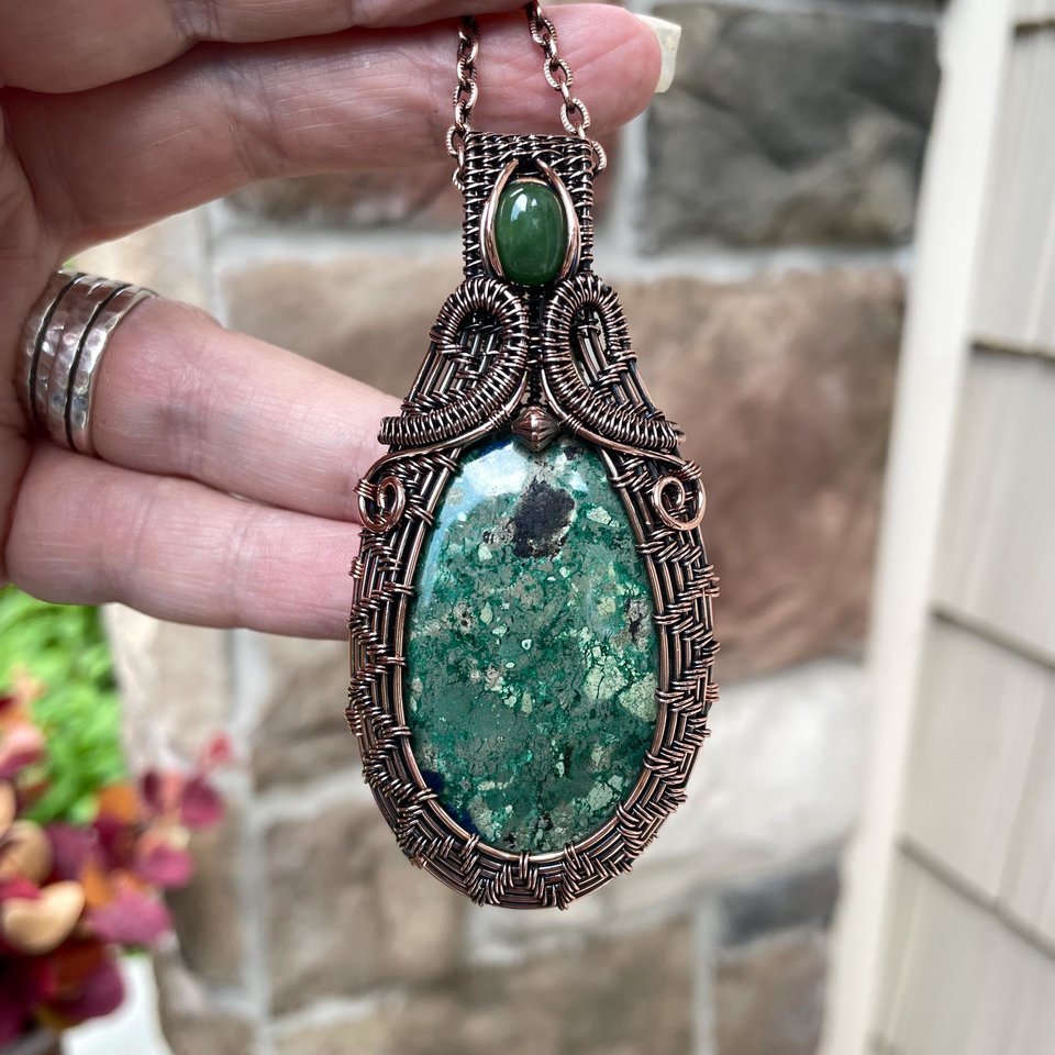 Azurite & Jade Woven Copper Pendant