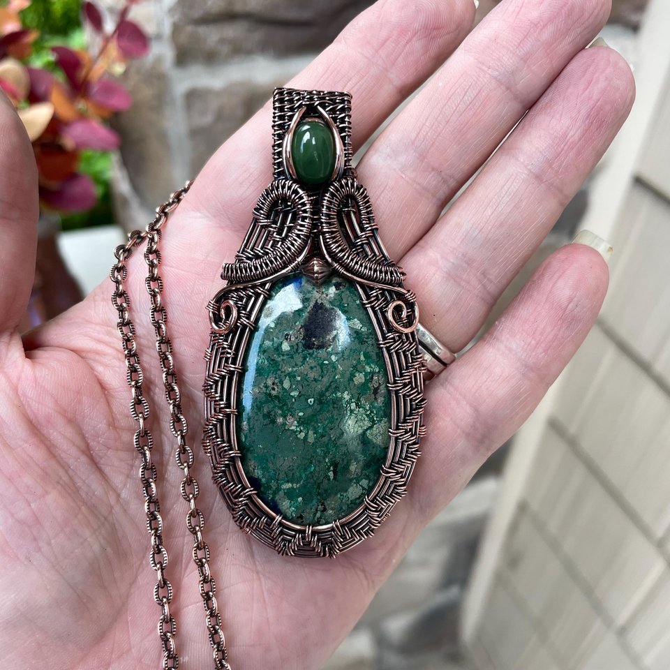 Azurite & Jade Woven Copper Pendant