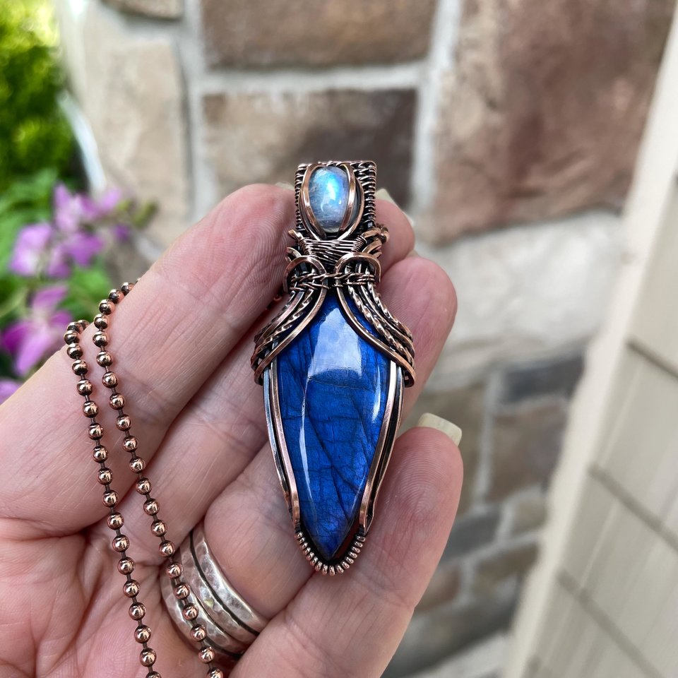 Blue Labradorite & Moonstone Copper Pendant with Weaving