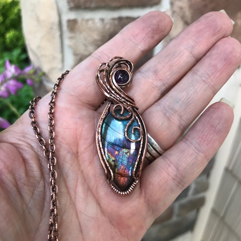Teal Labradorite & Amethyst Copper Necklace