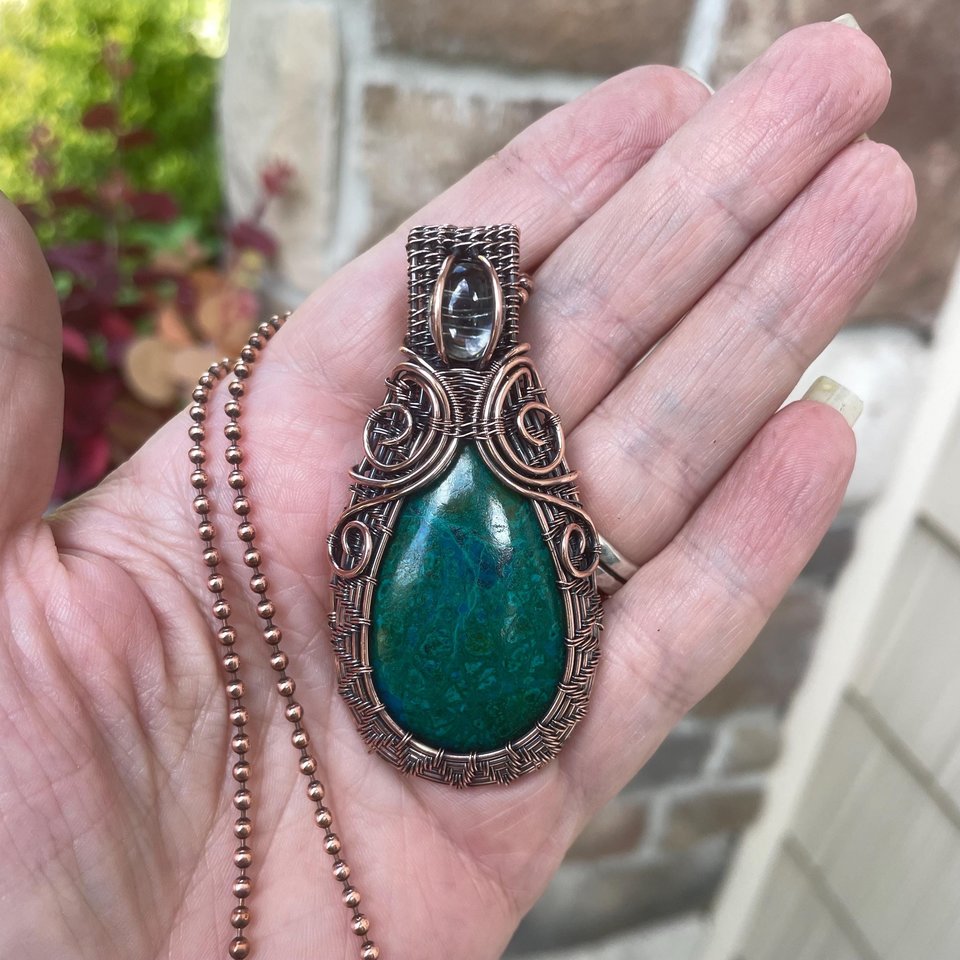 Chrysocolla & Prasiolite Woven Copper Pendant