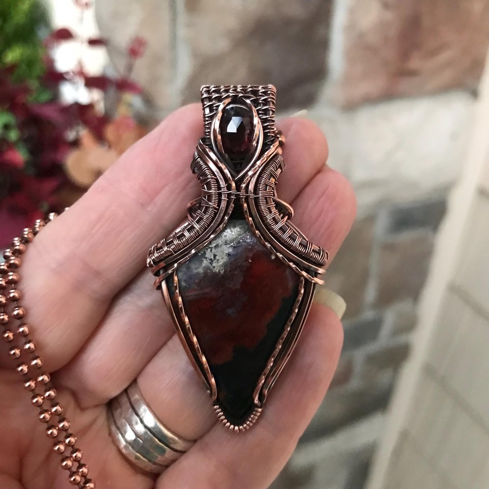 Red Moss Agate & Garnet Copper Pendant with Weaving