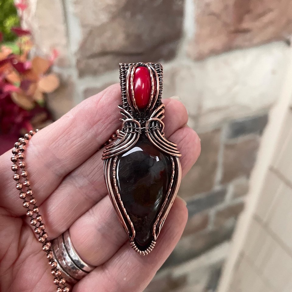Red Moss Agate & Coral Copper Pendant with Weaving