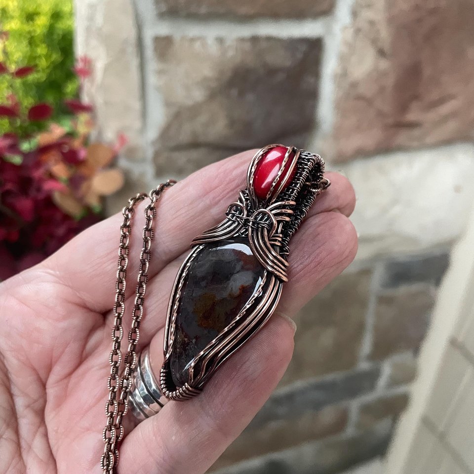Red Moss Agate & Coral Copper Pendant with Weaving