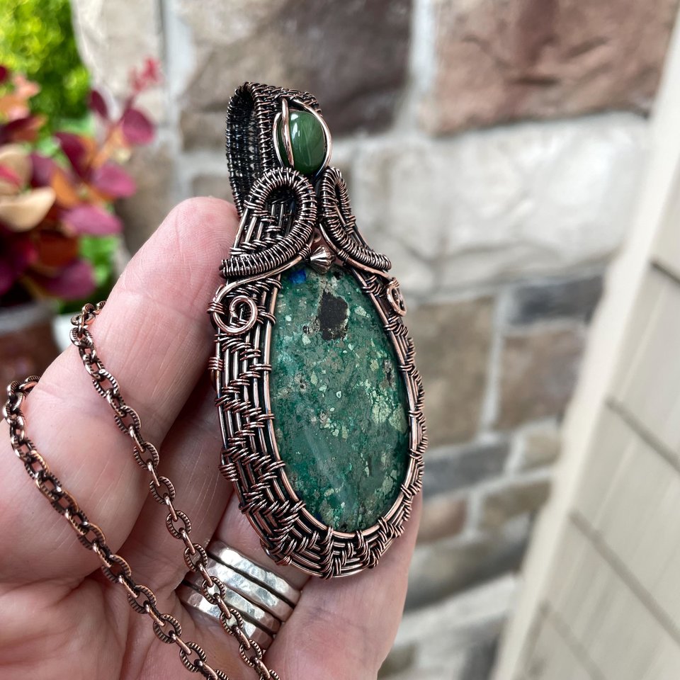 Azurite & Jade Woven Copper Pendant