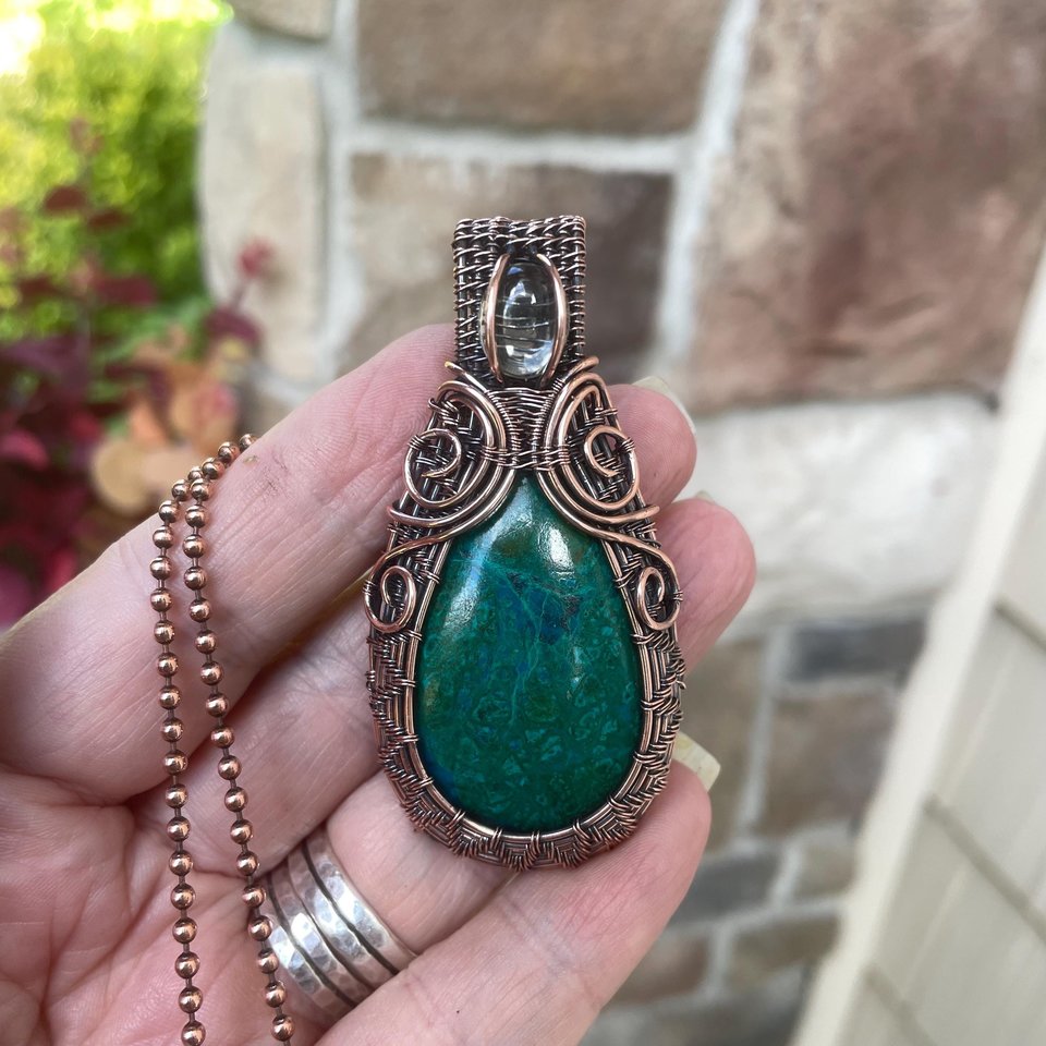 Chrysocolla & Prasiolite Woven Copper Pendant