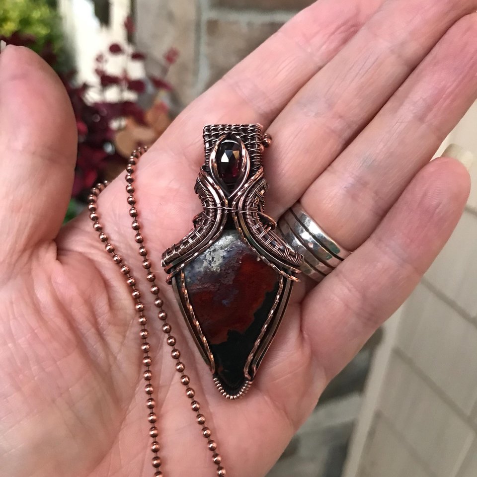 Red Moss Agate & Garnet Copper Pendant with Weaving