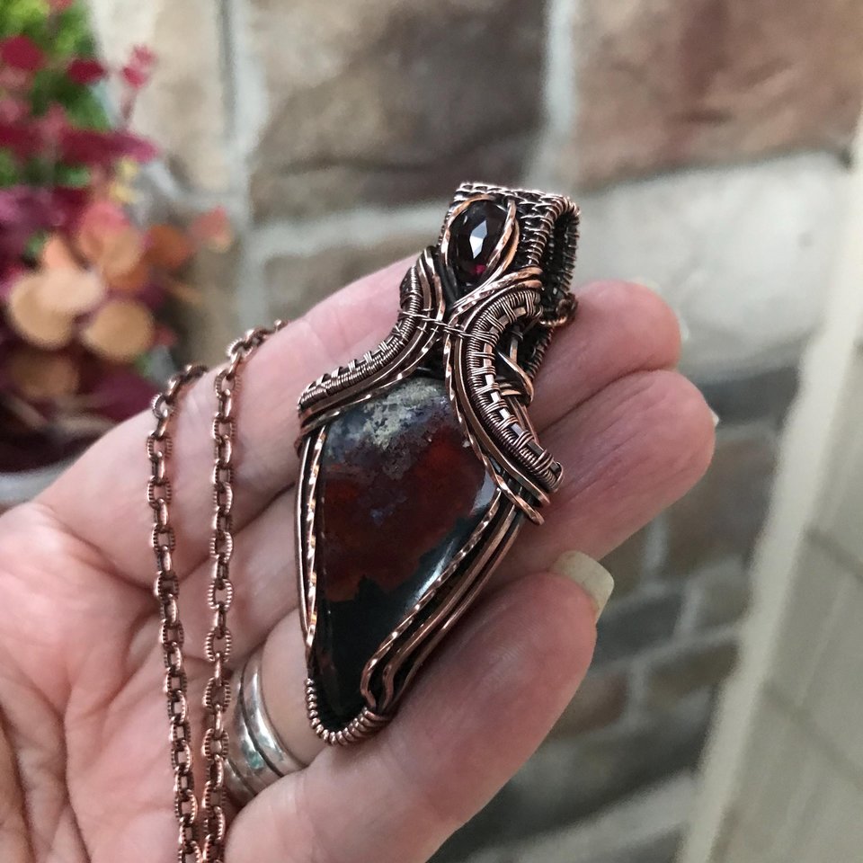 Red Moss Agate & Garnet Copper Pendant with Weaving