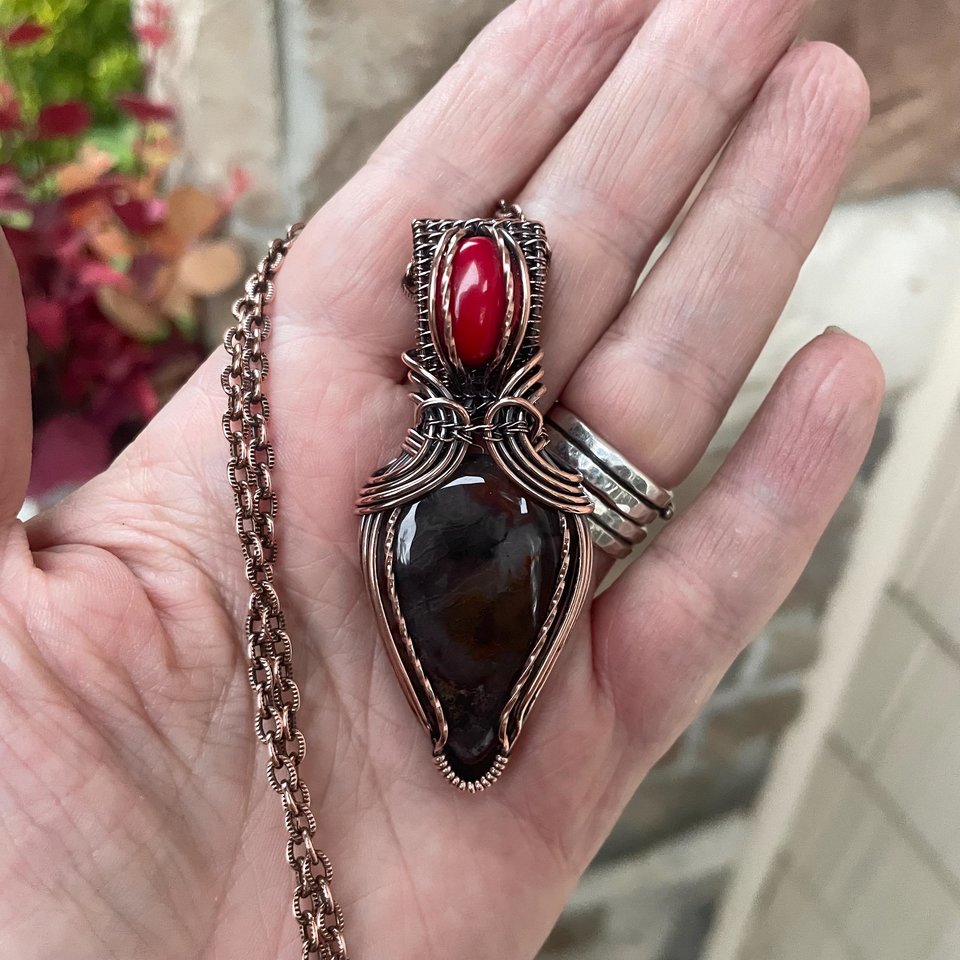 Red Moss Agate & Coral Copper Pendant with Weaving