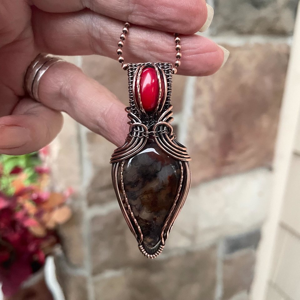 Red Moss Agate & Coral Copper Pendant with Weaving