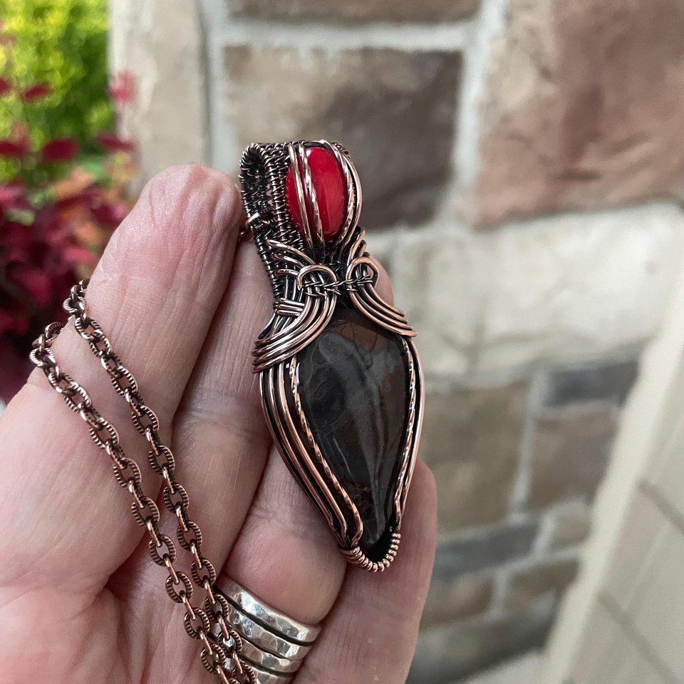 Red Moss Agate & Coral Copper Pendant with Weaving