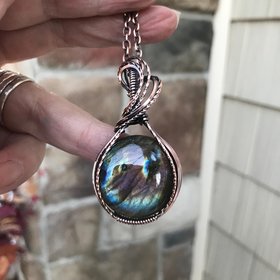 Rainbow Labradorite Round Copper Pendant
